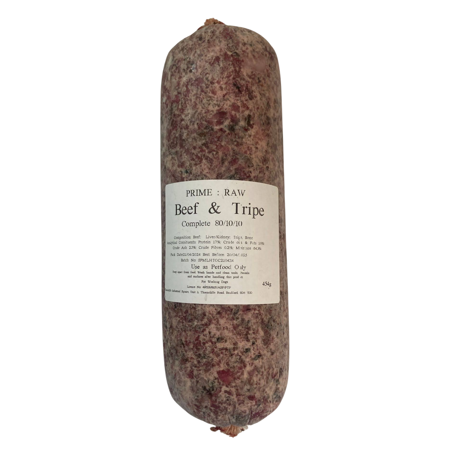 A sealed roll of Hilltop Pet Food Prime:Raw - Beef & Tripe Complete with a white product label on the front.