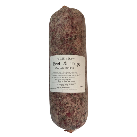 A sealed roll of Hilltop Pet Food Prime:Raw - Beef & Tripe Complete with a white product label on the front.
