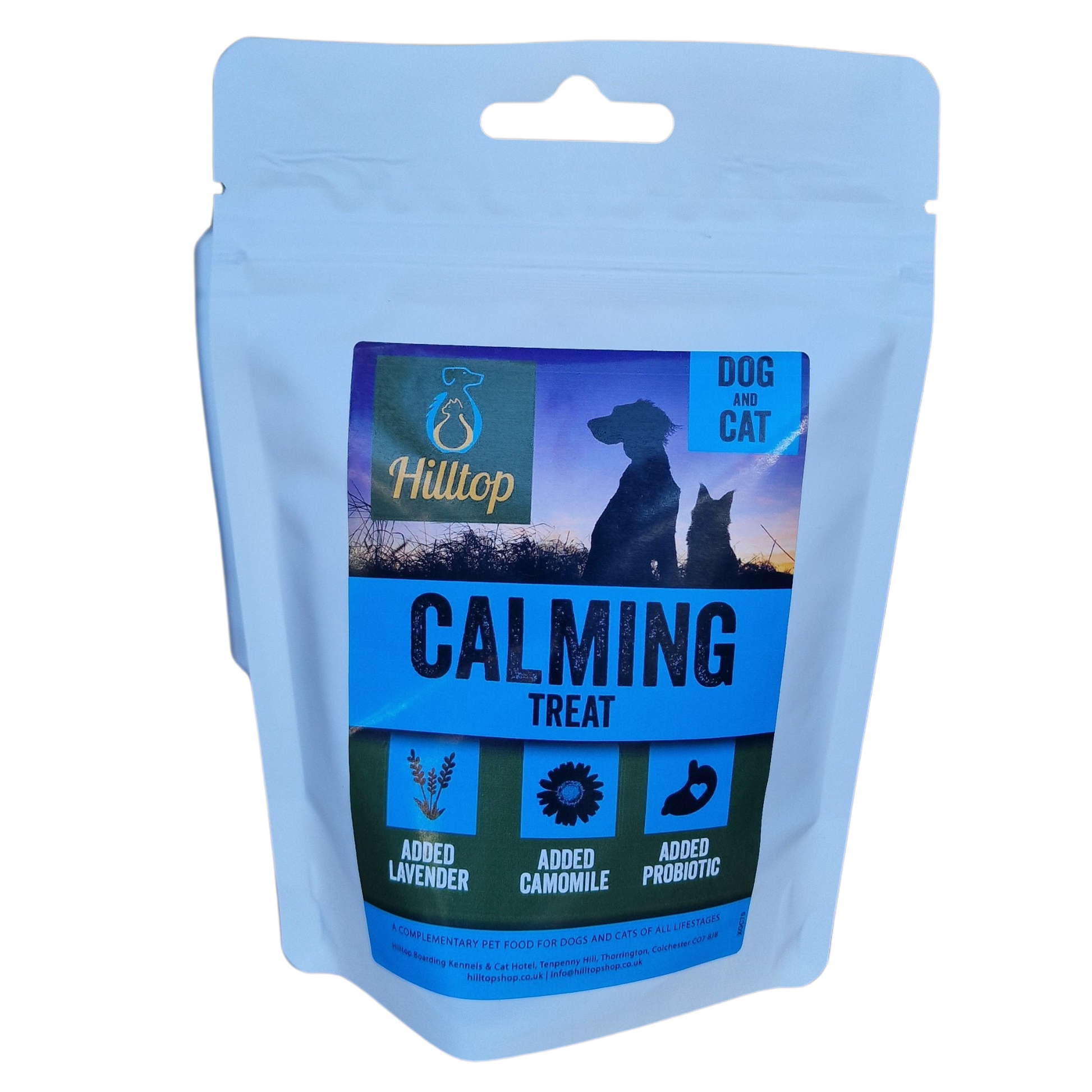 Light blue Hilltop High Protein Training Treats pouch, intro badges highlight protein-rich, lavender, and camomile benefits.