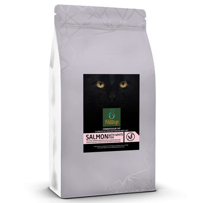 Hilltop Pet Food’s sterilised adult cat food features salmon & white fish with a black cat face on the label.