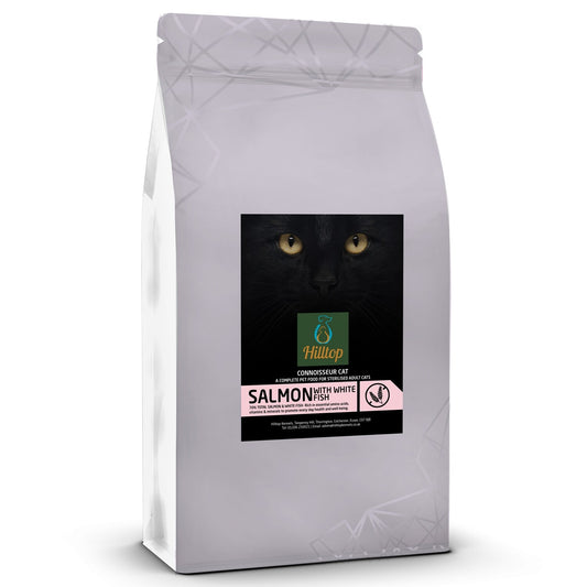 Hilltop Pet Food’s sterilised adult cat food features salmon & white fish with a black cat face on the label.