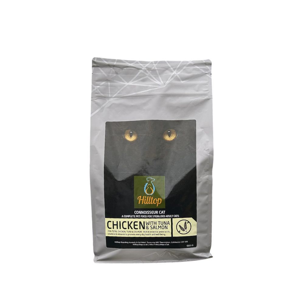 Hilltop Connoisseur Cat Food Sterilised Adult, Chicken with Tuna & Salmon, features cat eyes on the packaging.