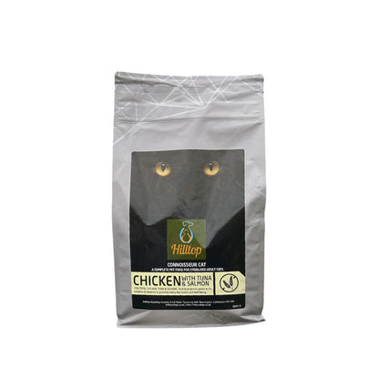 Hilltop Connoisseur Cat Food Sterilised Adult, Chicken with Tuna & Salmon, features cat eyes on the packaging.