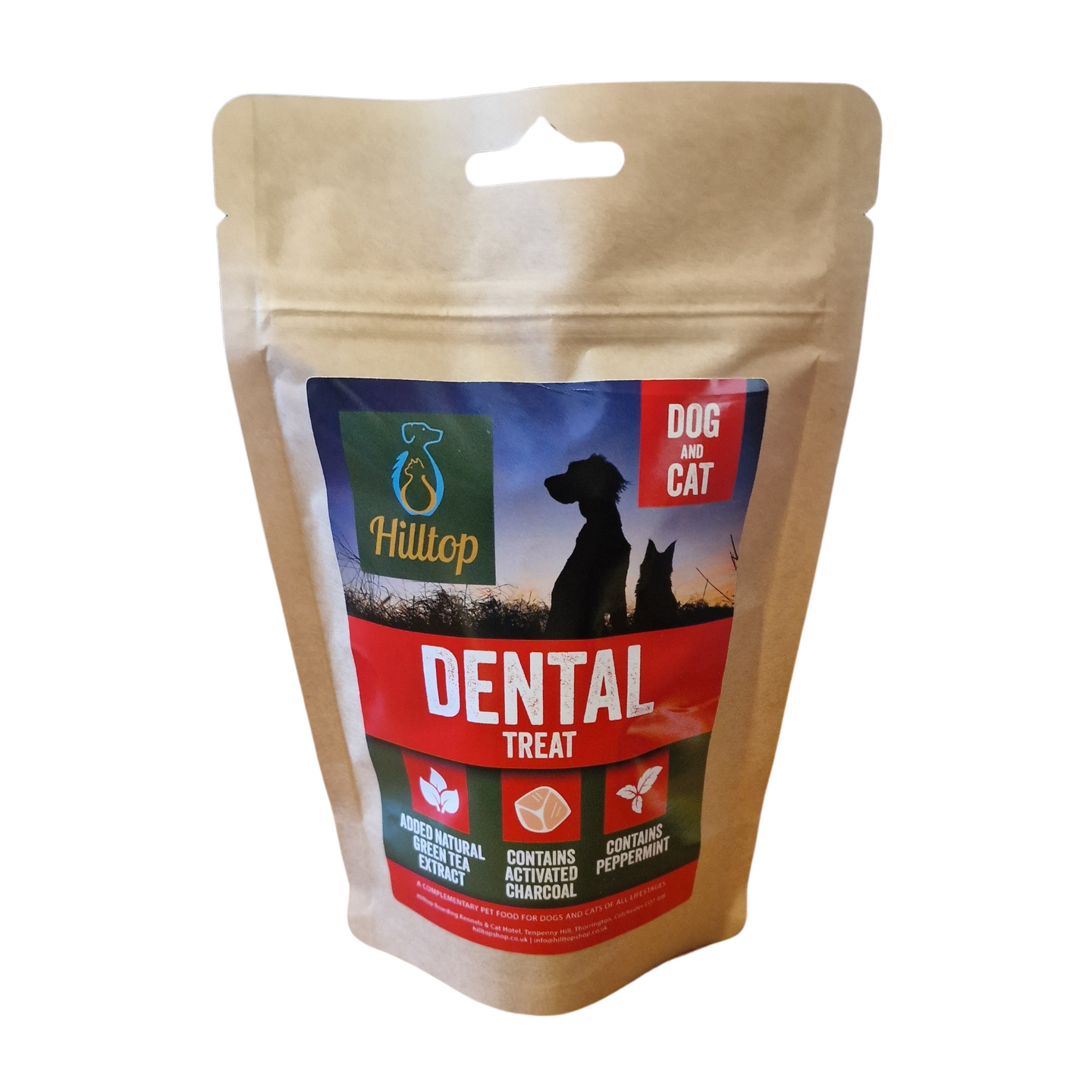 Brown resealable bag of Hilltop High Protein Training Treats by Hilltop Pet Food, with badges and a benefits grid on label.