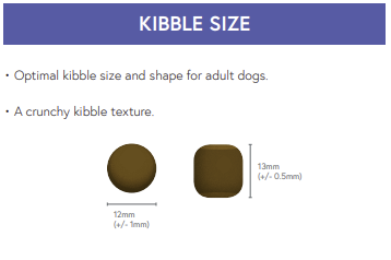 Two brown kibble pieces, round and square, shown with size for Hilltop Super Premium Adult Dog Food - Duck & Potato.