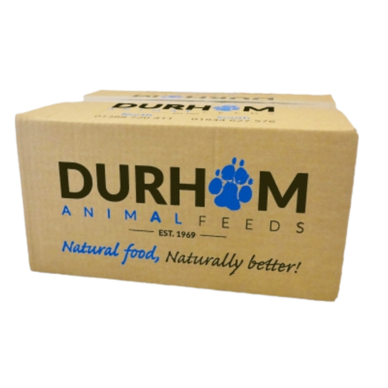 A Hilltop Pet Food box labeled Durham Goose, Turkey, Fruit & Veg Mince 454g, with Natural food, Naturally better!.