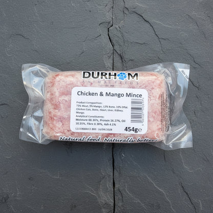 Packaged chicken and mango mince 454g with Durham label on a slate background