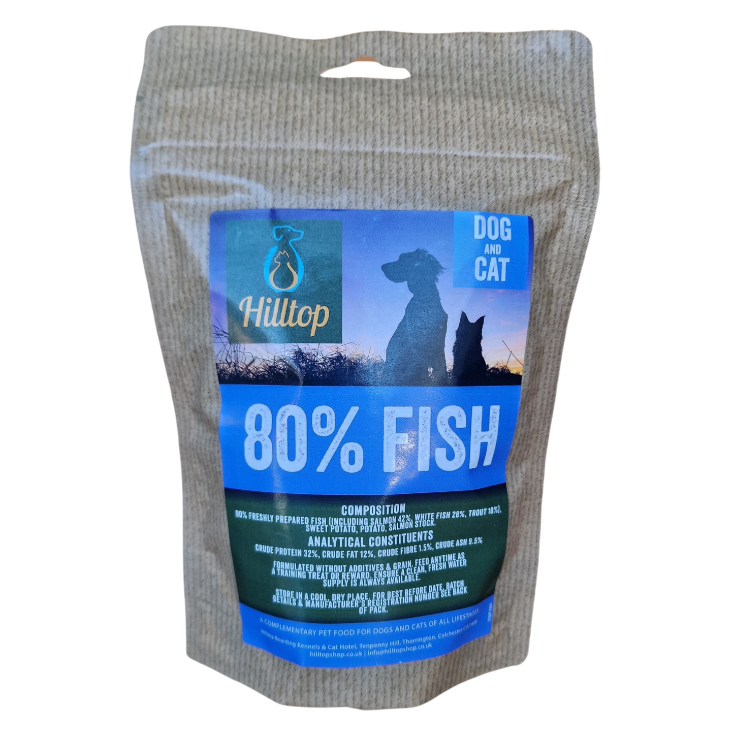 Hilltop High Protein Training Treats by Hilltop Pet Food, 80% fish, with animal silhouettes and badges on blue.