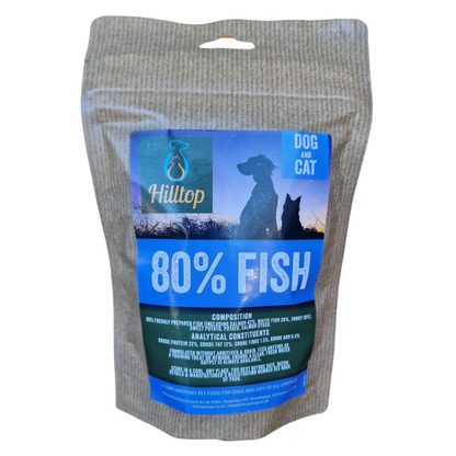 Hilltop High Protein Training Treats by Hilltop Pet Food, 80% fish, with animal silhouettes and badges on blue.