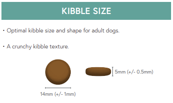A round brown kibble, 14mm x 5mm, labeled Hilltop Grain Free Adult Dog Food – Chicken, Sweet Potato & Herbs.