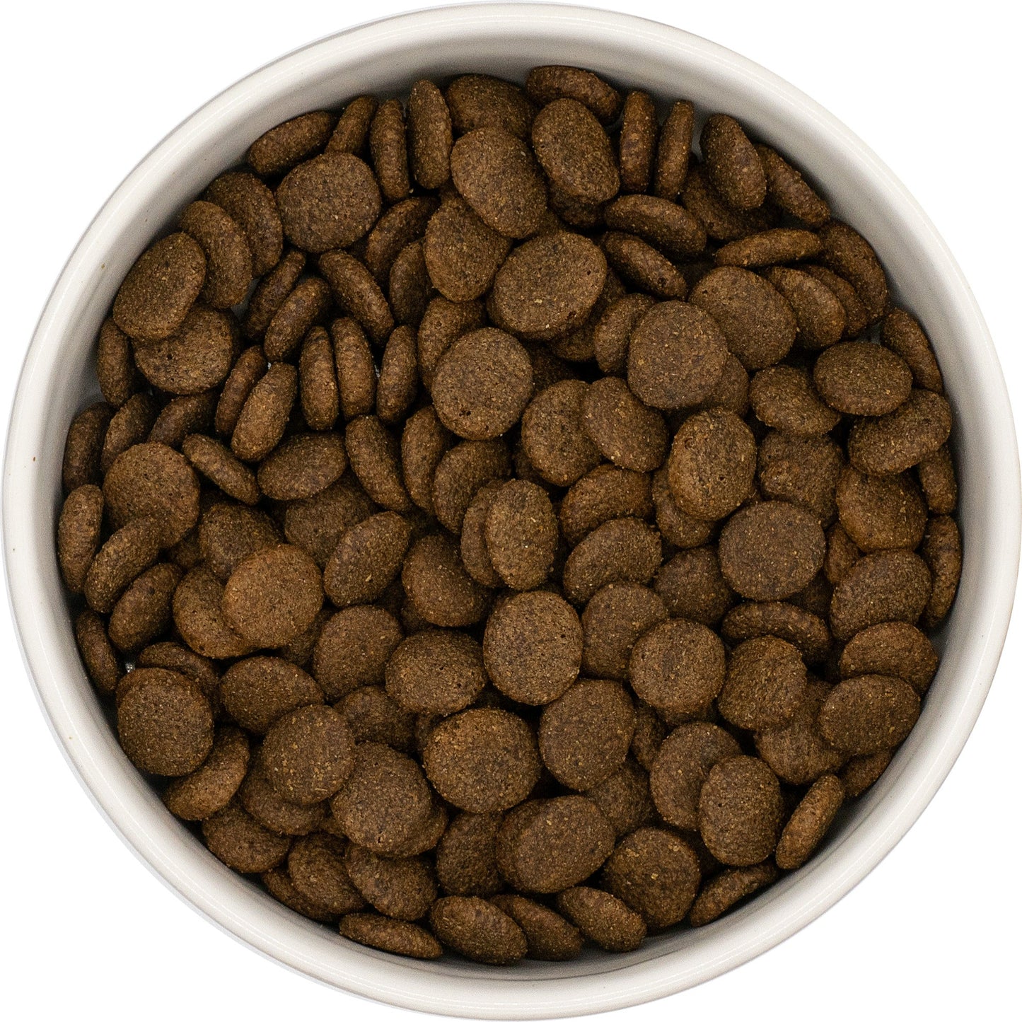 White bowl filled with Hilltop Grain Free Turkey Sweet Potato and Cranberry dog food on a white background