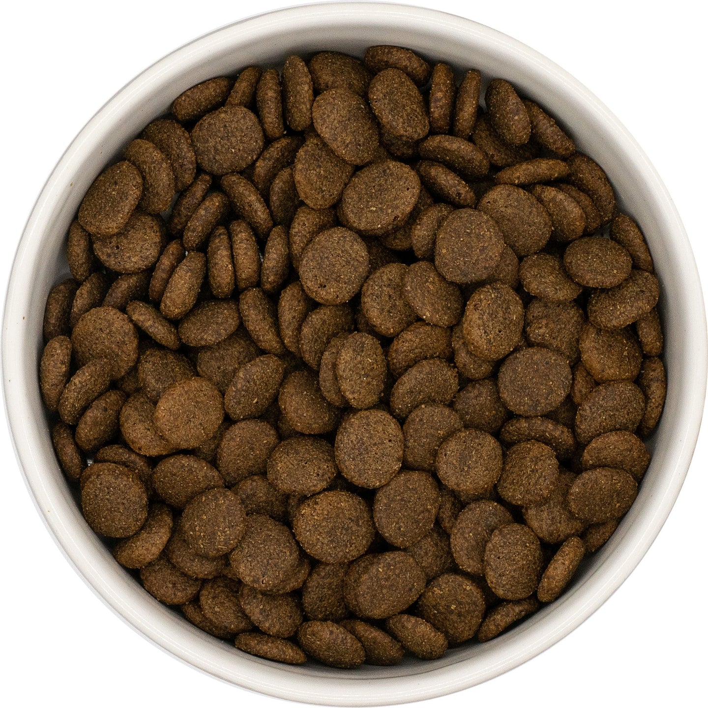 White bowl filled with Hilltop Grain Free Turkey Sweet Potato and Cranberry dog food on a white background