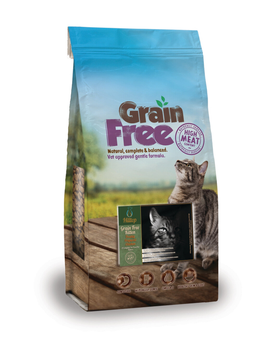 Hilltop Pet Food Grain Free Kitten Food with chicken, salmon & sweet potato, gray tabby cat on the front.