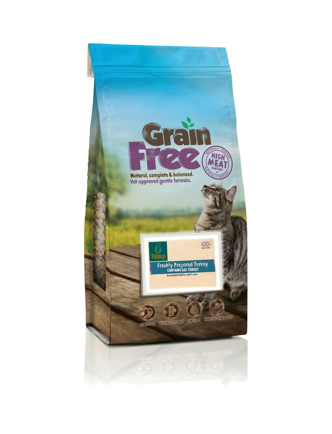 Hilltop Grain Free Adult Cat Food—Freshly Prepared Turkey with Sweet Potato; cat image on label.