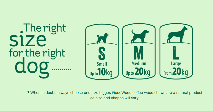 Hilltop Pet Foods goodWood Chew: Small for dogs ≤10kg, Medium ≤20kg; pick bigger if unsure.