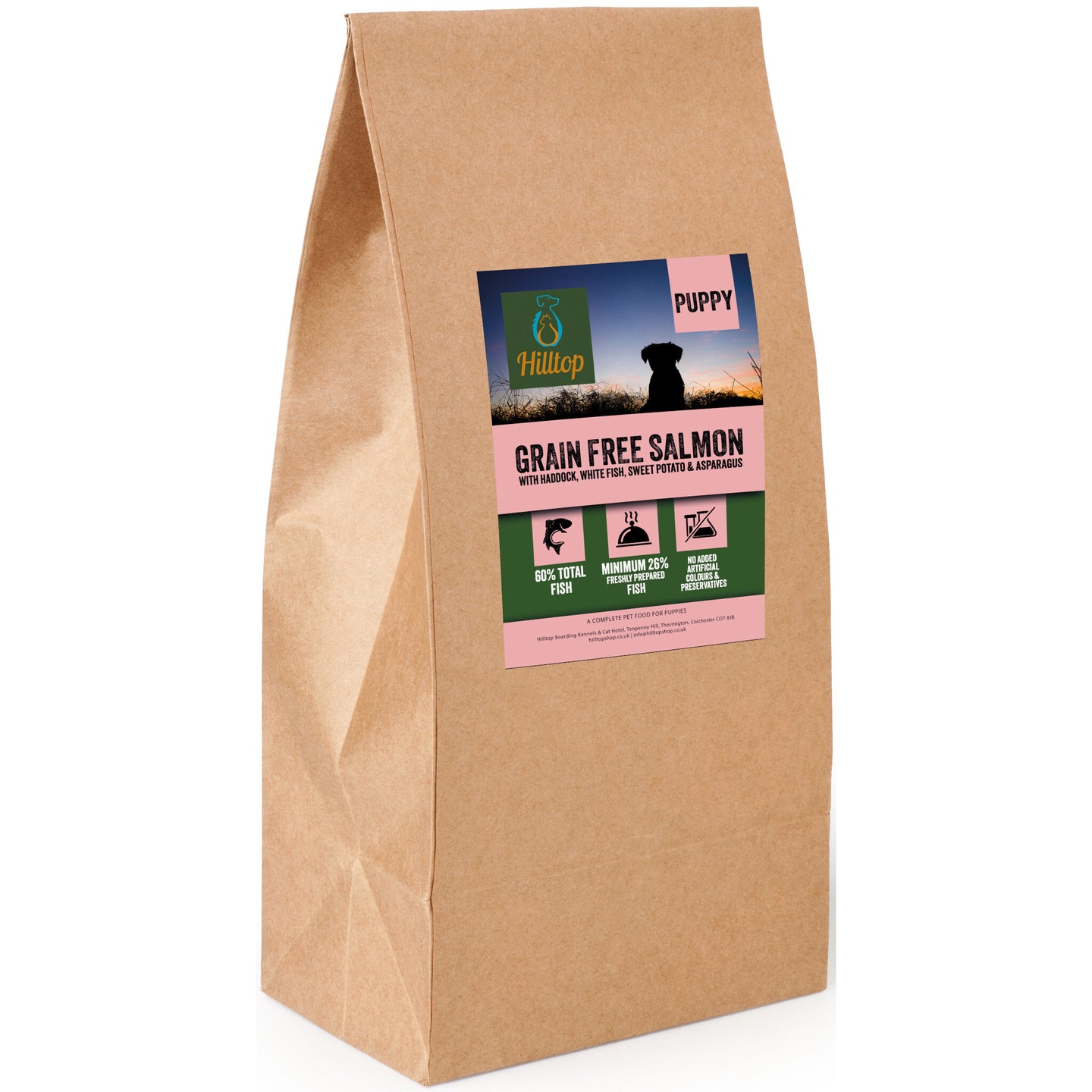 A bag of Hilltop grain-free dog food for puppies, with salmon, haddock, white fish, sweet potato, and asparagus.
