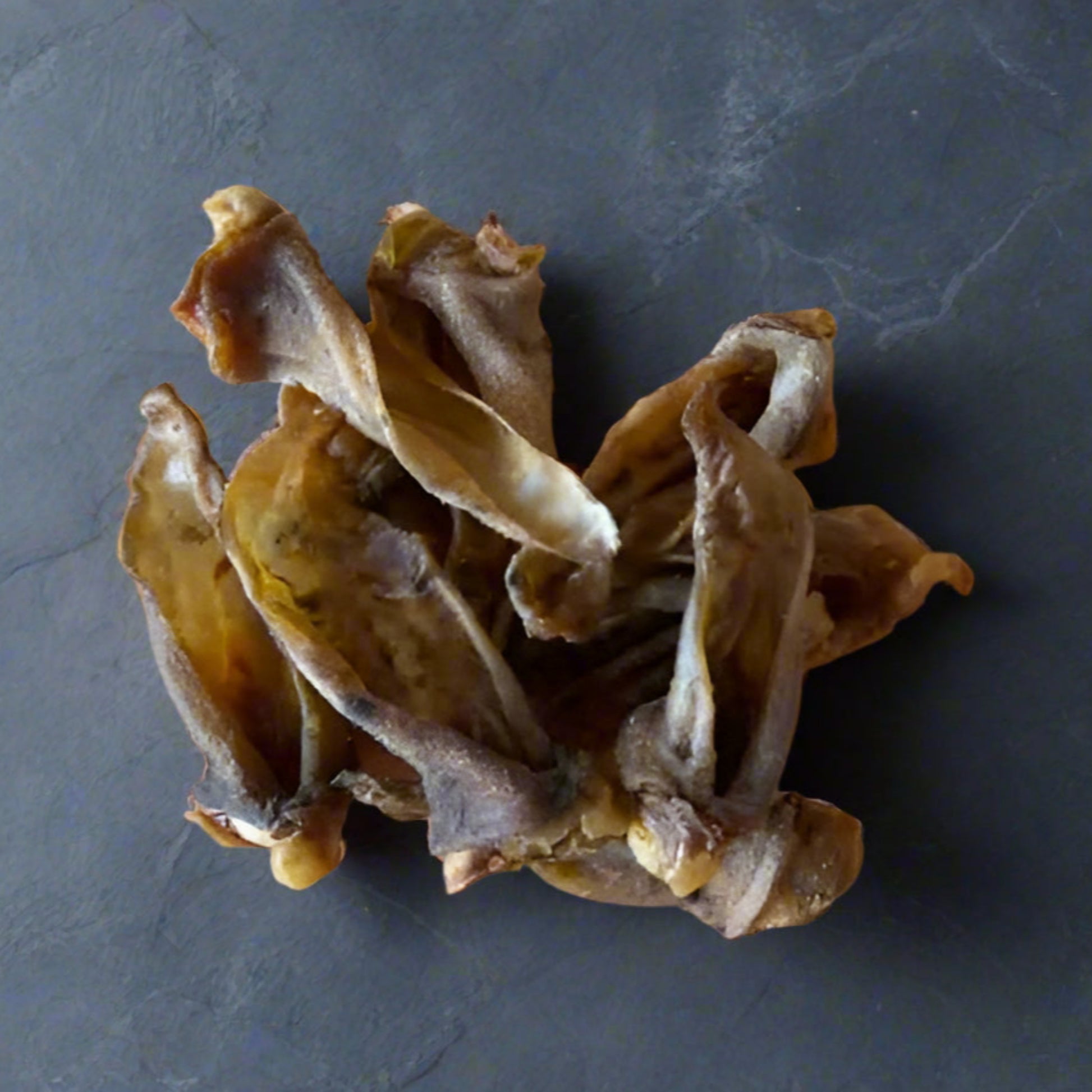 Dried hairless lamb ears on a dark slate surface