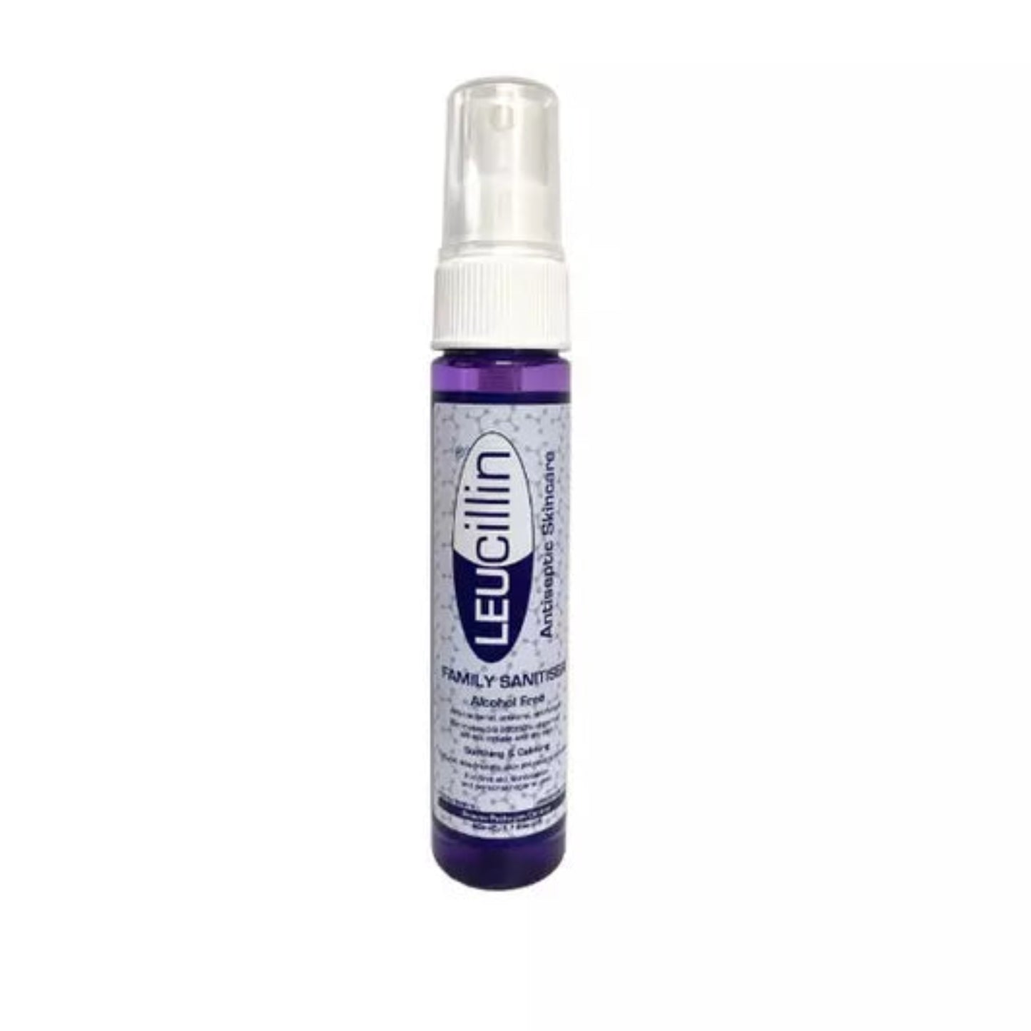 A small Hilltop Pet Food Leucillin Animal Antiseptic Skincare spray with a purple base and clear cap, safe for all animals.