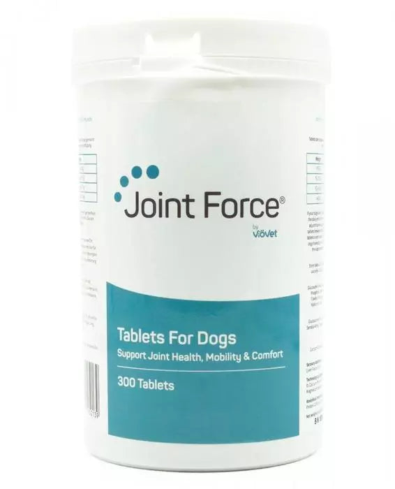 Hilltop Pet Food Joint Force, 300 tabs: dog joint supplement in white container with blue label—supports mobility.