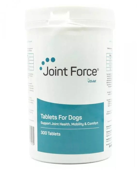 Hilltop Pet Food Joint Force, 300 tabs: dog joint supplement in white container with blue label—supports mobility.