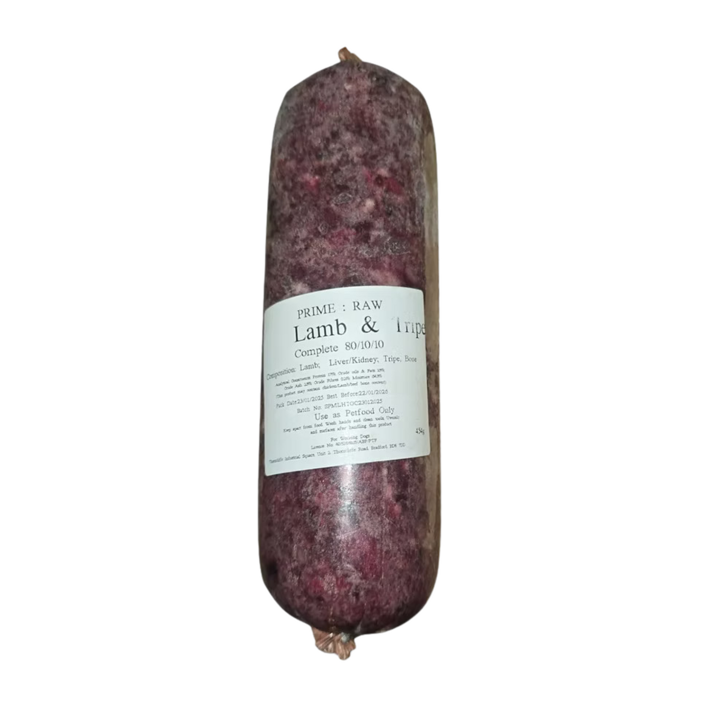 A roll of Hilltop Pet Food Prime:Raw - Lamb & Tripe with a white ingredients label on the front.