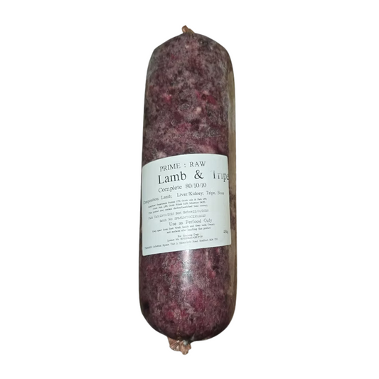 A roll of Hilltop Pet Food Prime:Raw - Lamb & Tripe with a white ingredients label on the front.