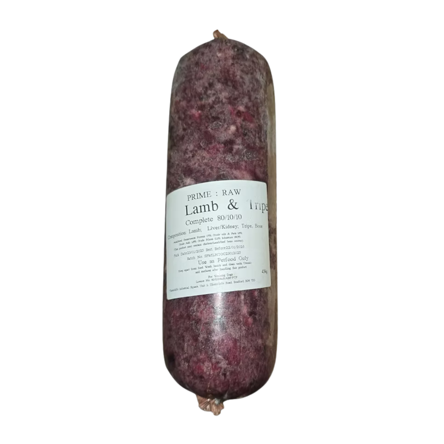 A roll of Hilltop Pet Food Prime:Raw - Lamb & Tripe with a white ingredients label on the front.