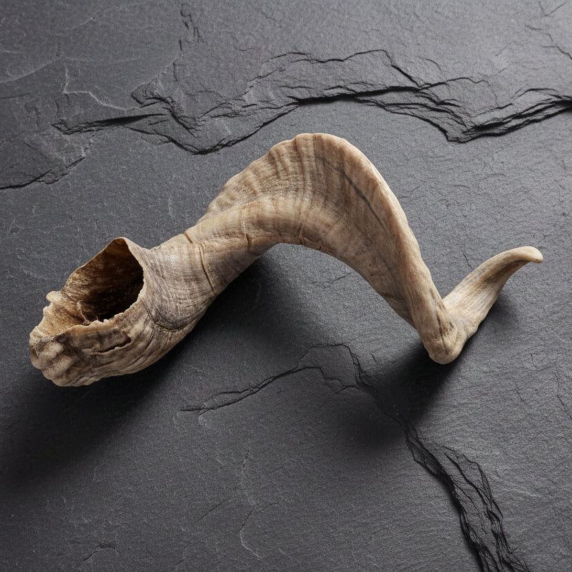 Large lamb horn on a riven slate surface