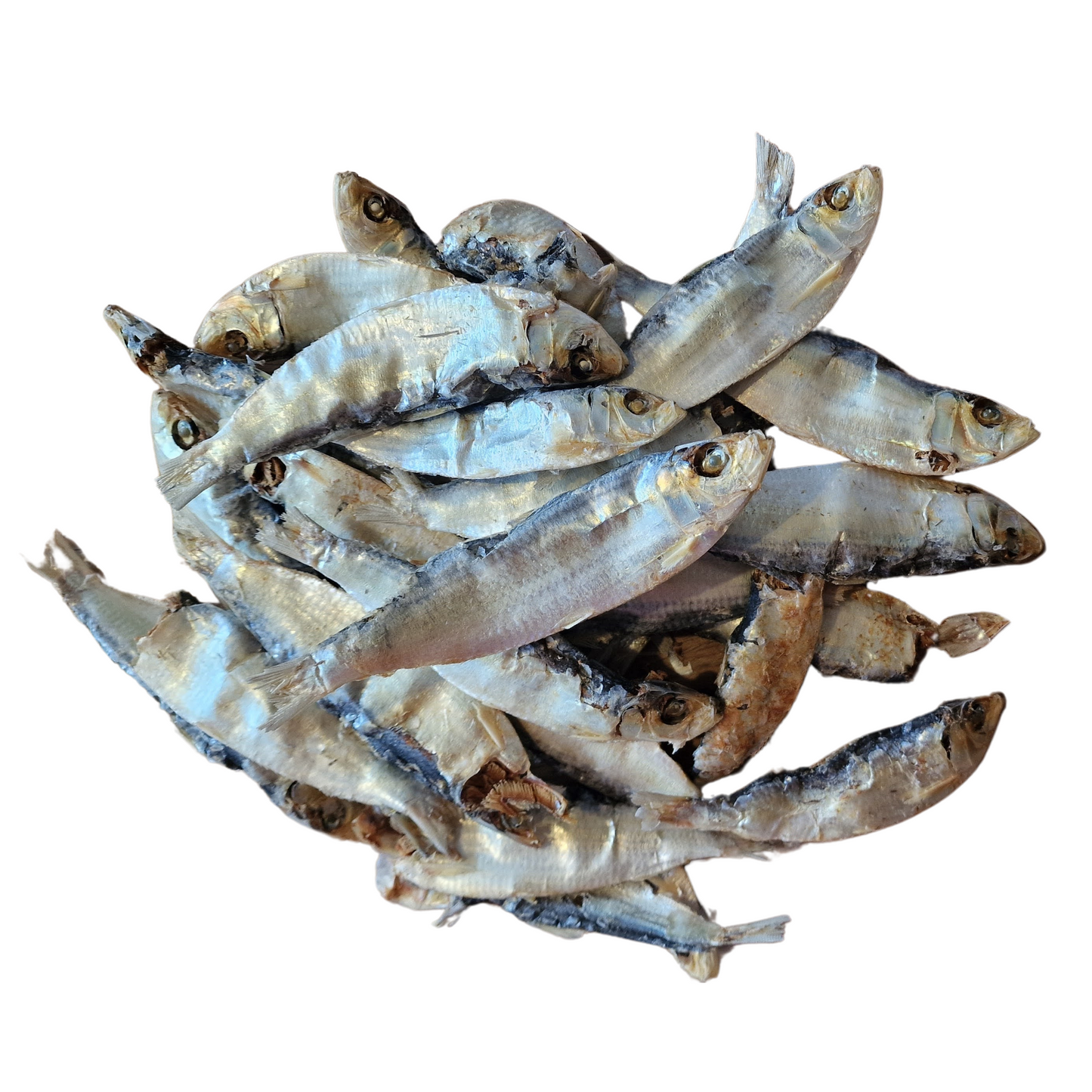 Hilltop Pet Food Large Dried Sprats—Omega 3-rich dog treats with silvery skin, stacked on a white background.
