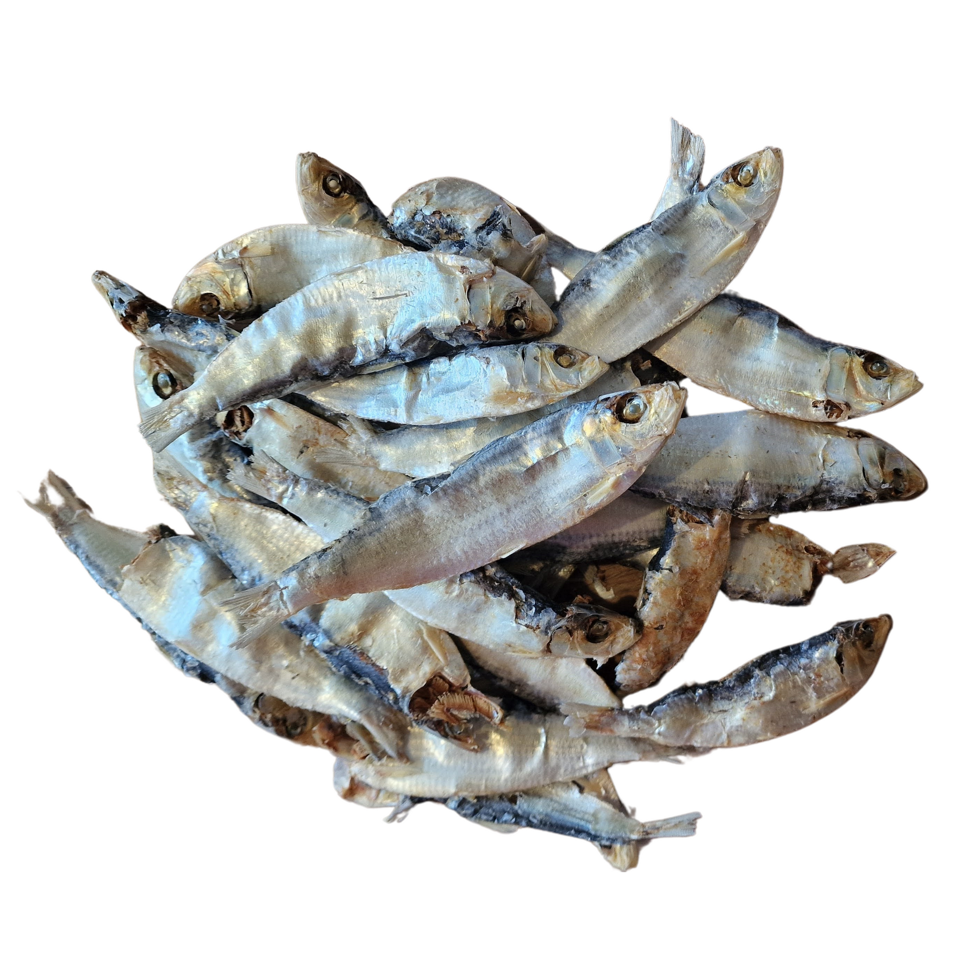 Hilltop Pet Food Large Dried Sprats—Omega 3-rich dog treats with silvery skin, stacked on a white background.