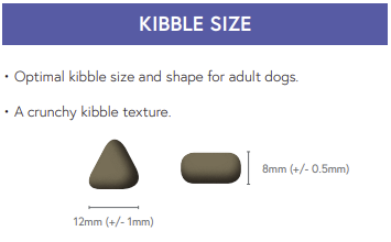 Diagram of Hilltop Super Premium Adult Dog Food - Lamb & Rice: triangular kibble, 12mm wide, 8mm thick—optimal adult size.