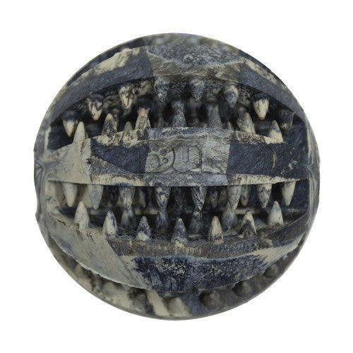 Hilltop Pet Food’s DURable Natural Rubber Chew Toy: round, grey-white with jagged mouth and rows of fake sharp teeth.