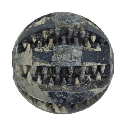 Hilltop Pet Food’s DURable Natural Rubber Chew Toy: round, grey-white with jagged mouth and rows of fake sharp teeth.