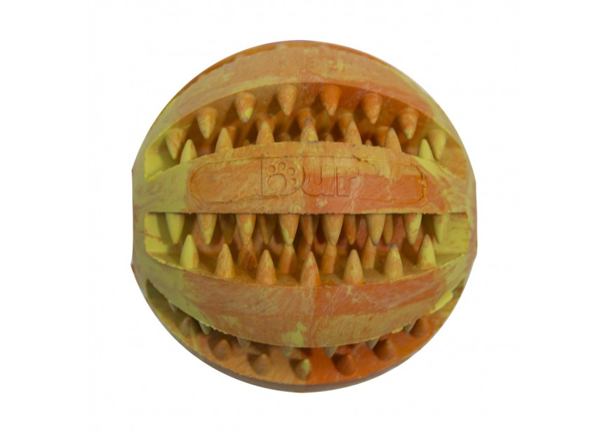 The DURable Natural Rubber Chew Toy by Hilltop Pet Food is an orange and yellow spiky ball with a textured surface for pets.