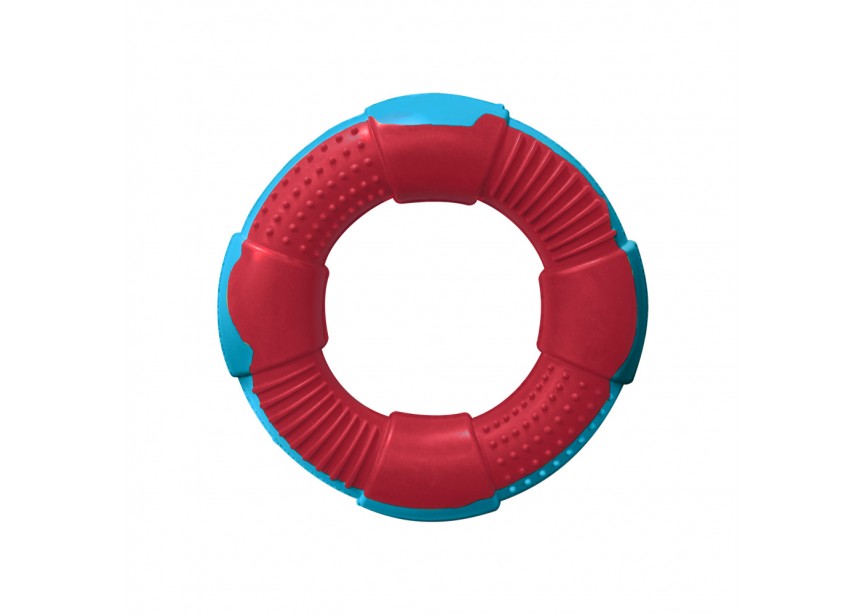Hilltop Pet Food DURable Natural Rubber Chew Toys, red/blue ring with mixed textures, shown on white background.
