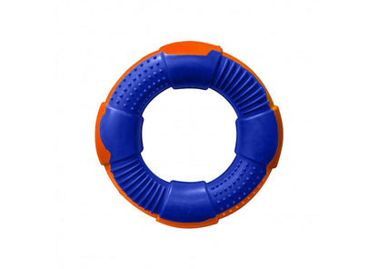 Hilltop Pet Food DURable Natural Rubber Chew Toy Ring in blue & orange, textured, shown from above on white.