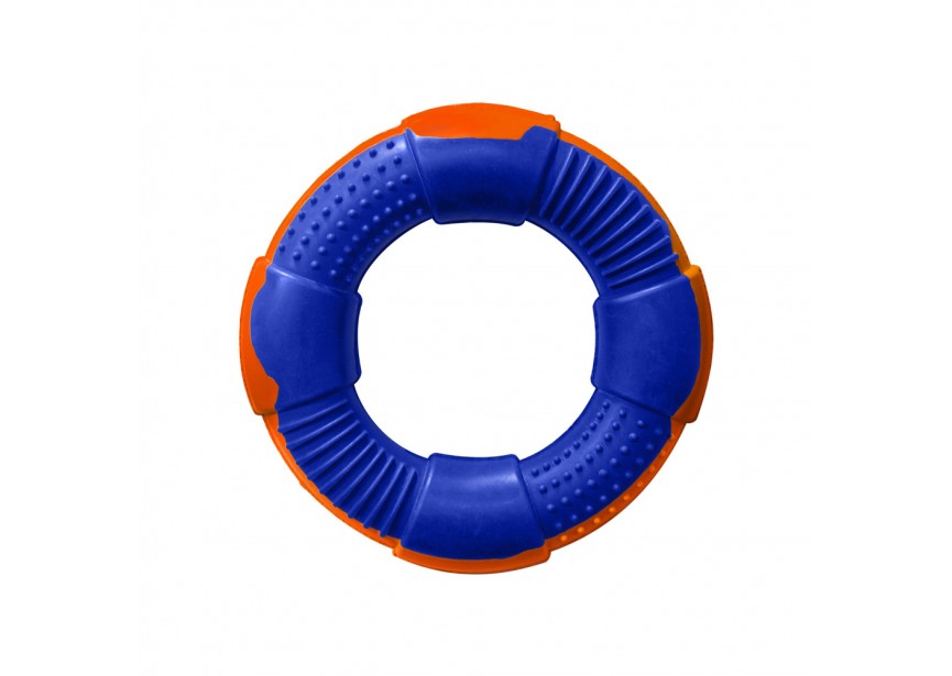 Hilltop Pet Food DURable Natural Rubber Chew Toy Ring in blue & orange, textured, shown from above on white.