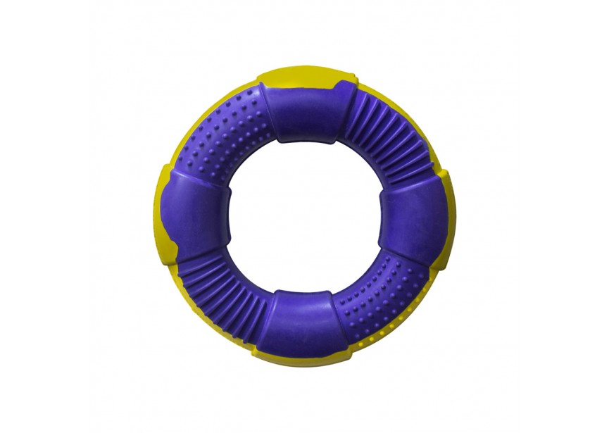 Hilltop Pet Foods DURable Natural Rubber Chew Toy has textured purple/yellow sections for chewing and play.
