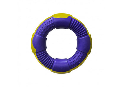 Hilltop Pet Foods DURable Natural Rubber Chew Toy has textured purple/yellow sections for chewing and play.