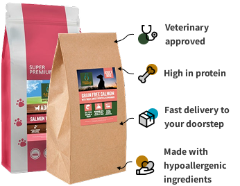 Two bags of dog food with labels and icons highlighting features like high protein, hypoallergenic, and fast delivery.