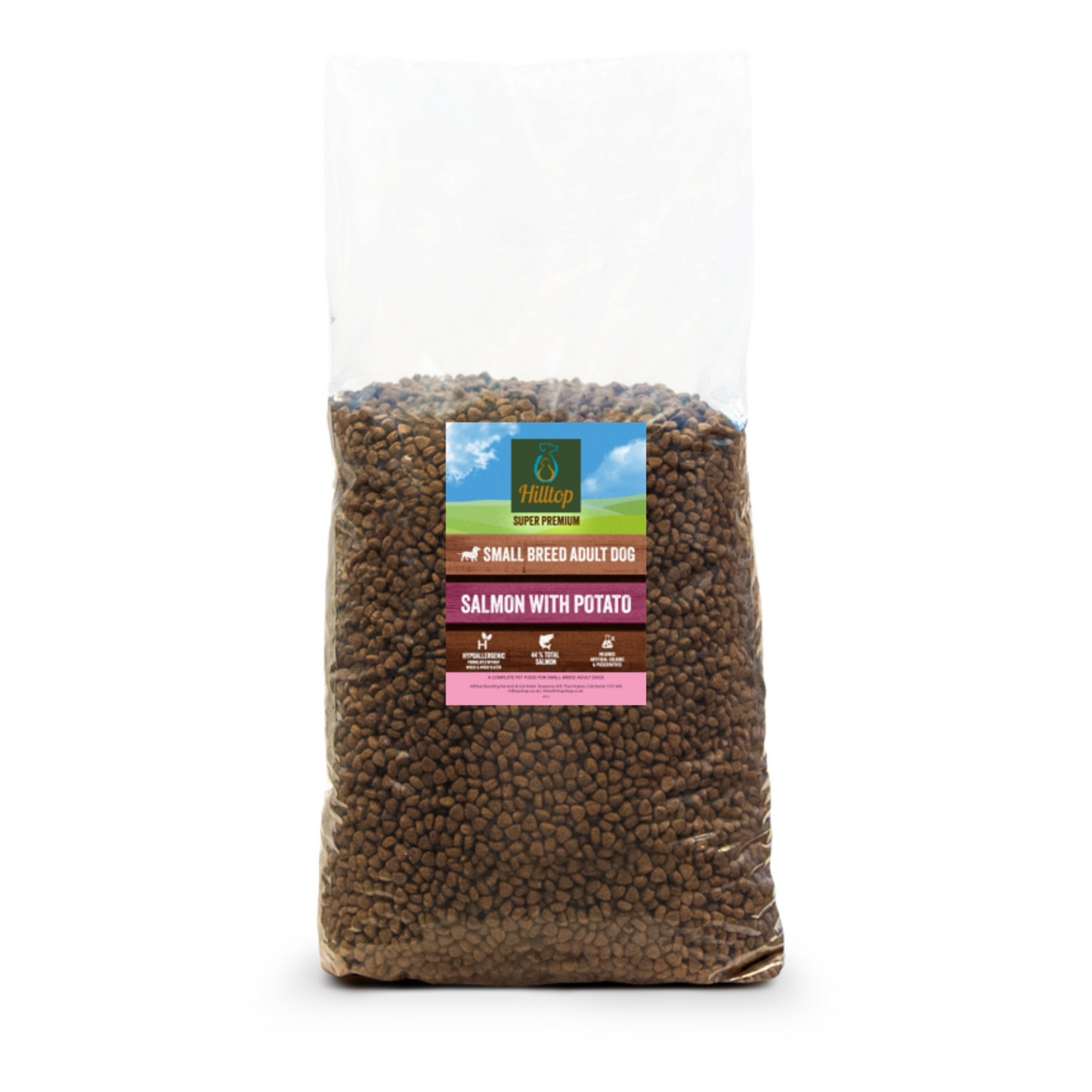 Hilltop Pet Food Super Premium Salmon & Potato for small breeds, enriched with omega 3 for sensitive digestion.