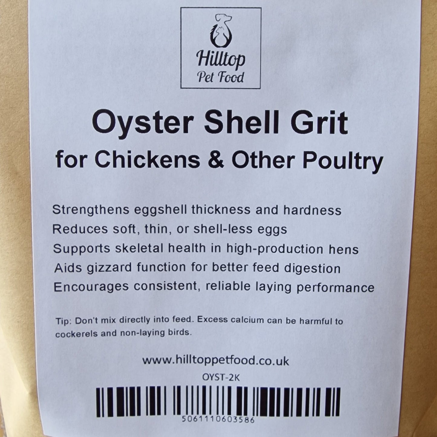 Oyster Shell Grit packaging with a label on a brown background