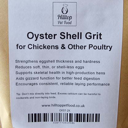 Oyster Shell Grit packaging with a label on a brown background