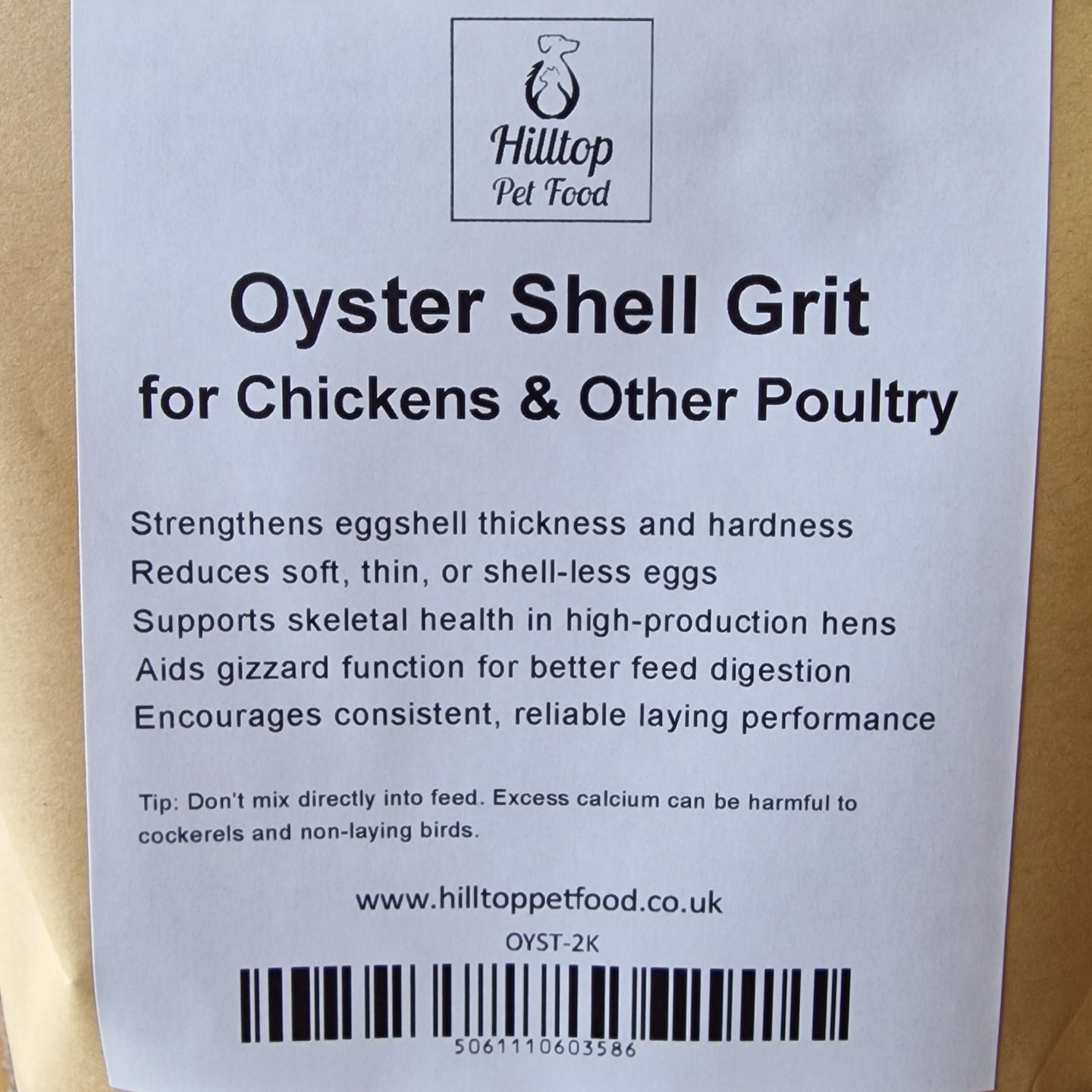 Oyster Shell Grit packaging with a label on a brown background