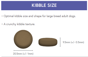 Hilltop Super Premium Dog Food LARGE BREED kibbles, 20.5x9.5mm, support joint health for large dogs.