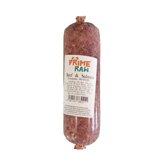1 frozen chub of Prime Raw Beef & Salmon 454g