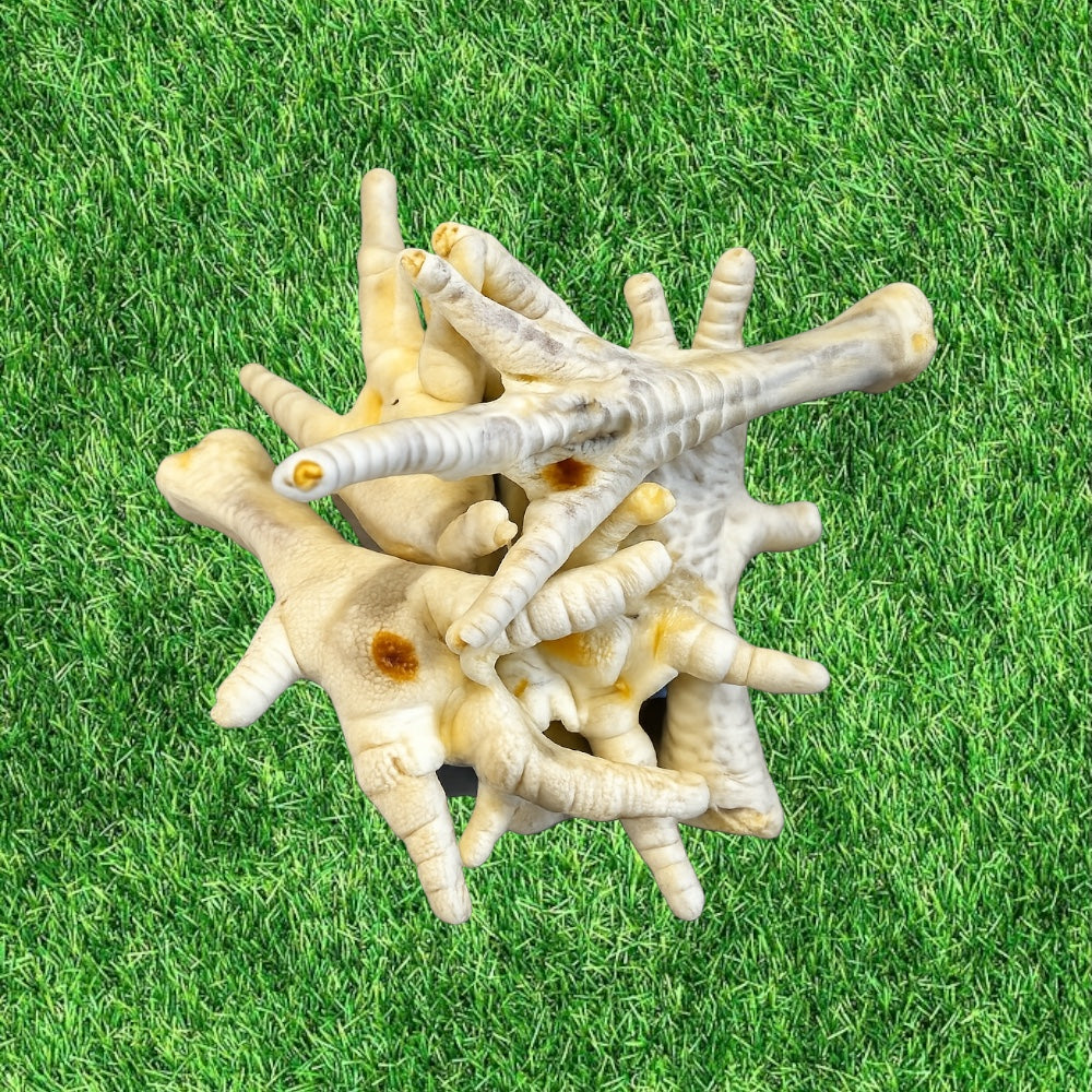 A small bundle of puffed chicken feet on a grassy background