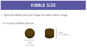 Diagram showing 11mm round, cylindrical kibble for senior dogs; Hilltop Super Premium Senior/Light Dog Food Rich in Fish.