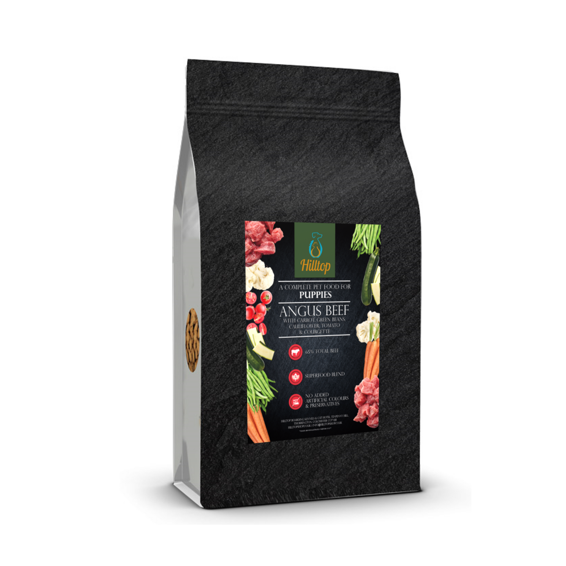 A black bag of Hilltop Pet Food Superfood 65 Puppy - Angus Beef with carrot, green beans, and other veggies.