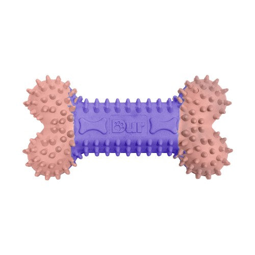 Hilltop Pet Food’s DURable Natural Rubber Chew Toy, blue & pink, has textured bumps on both ends for dogs.